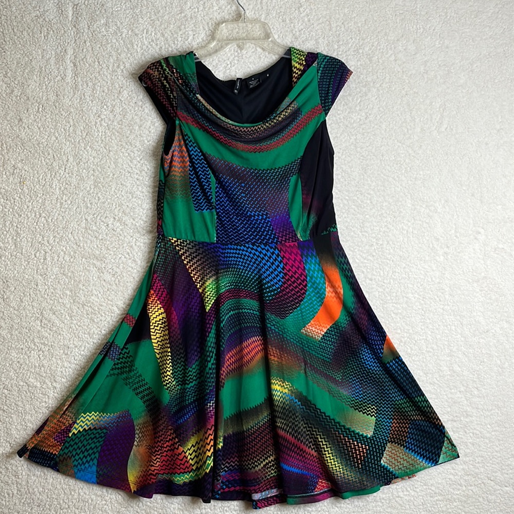 New Directions Womens Multicolor Stretch Cowl Neck Cap Sleeve Dress S SMALL